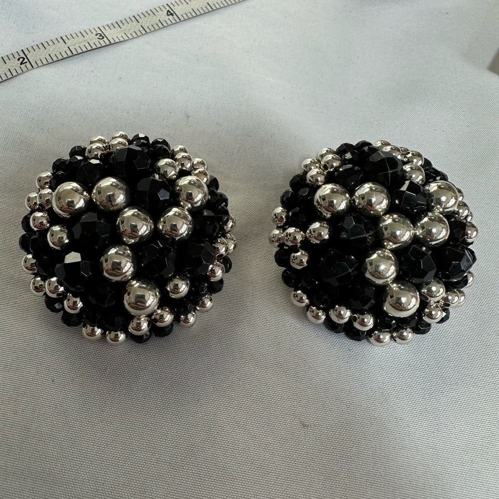 Large vintage black bead and silvertone bead earrings